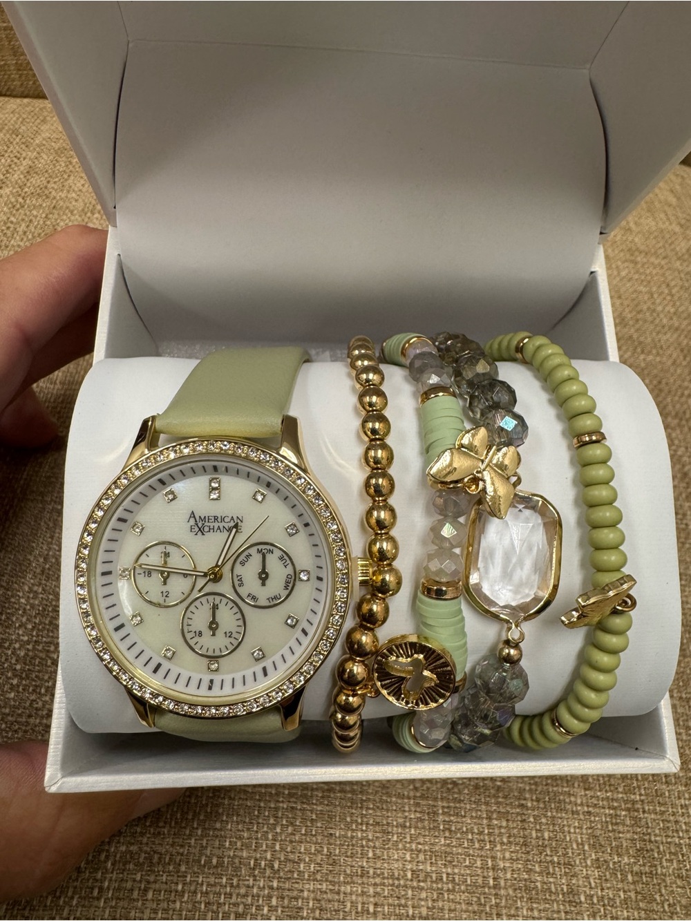 American Exchange Gold Tone Crystal Bezel Watch & Bracelet Set, Green Strap